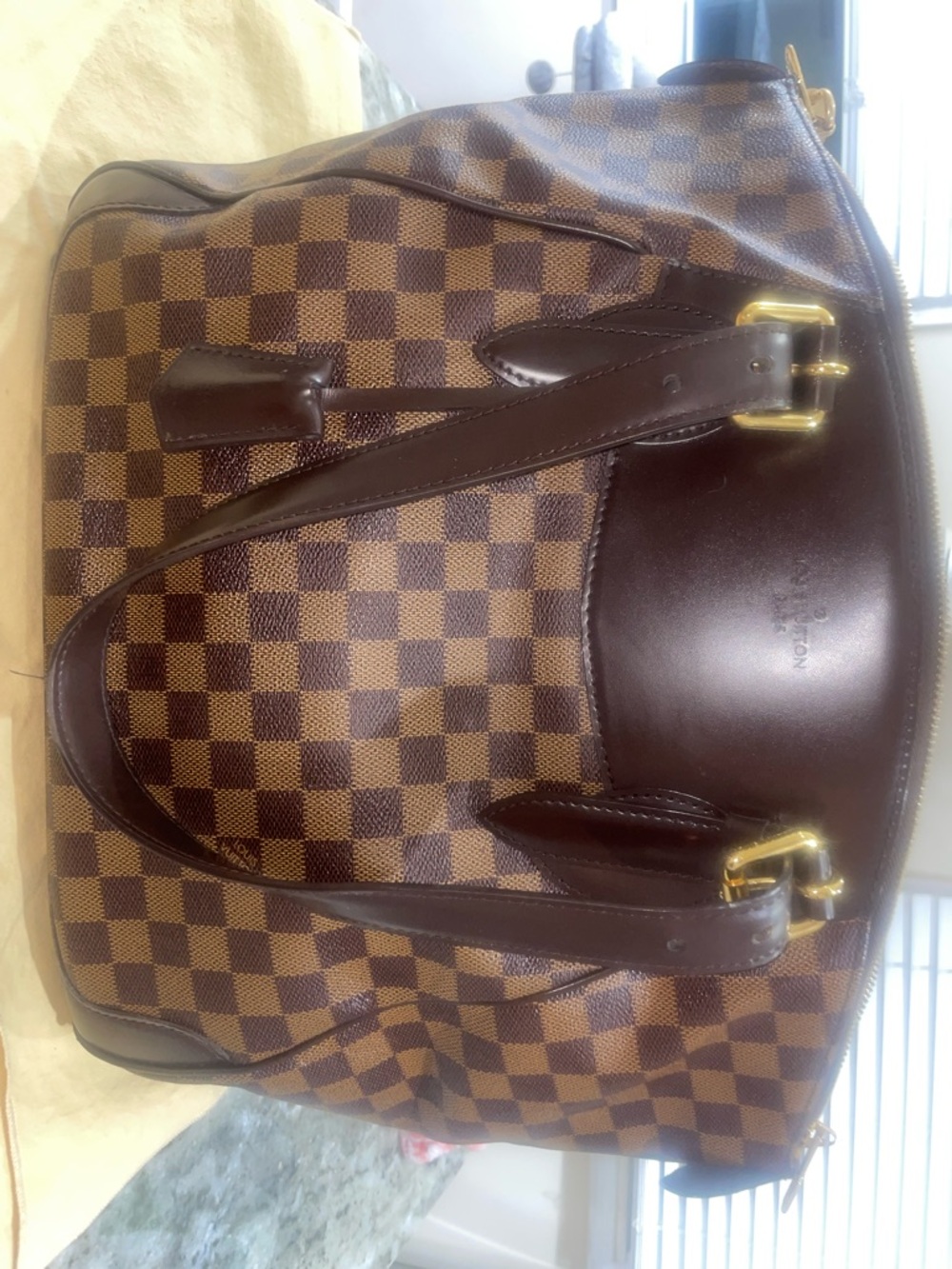 Louis Vuitton Brown Damier Ebene Check Tote with Gold Hardware